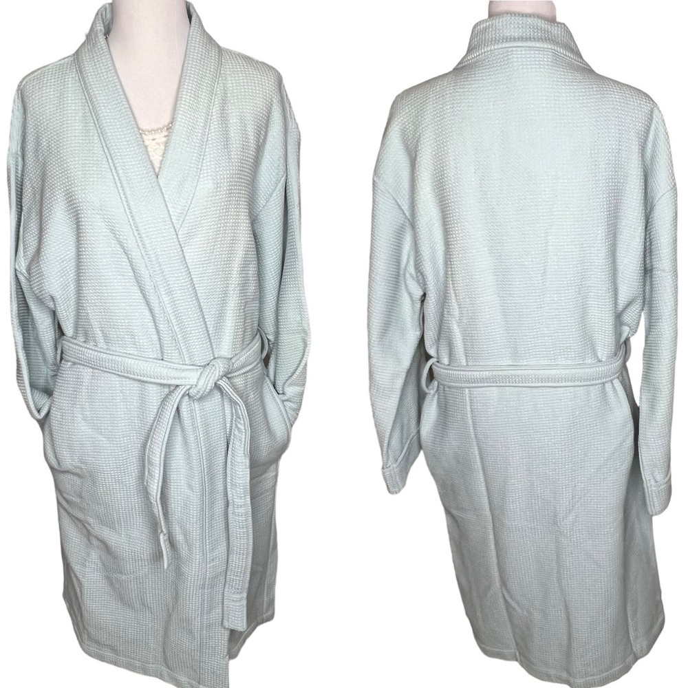 Hotel Collection Turkish Cotton Waffle Knit Maxi Bath Robe Pale Blue Size L Soft